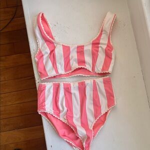 Pink and White Striped Bikini Set Reversible